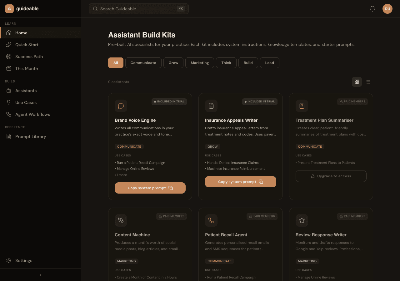 Guideable Assistants Marketplace — pre-built AI specialists for dental practices
