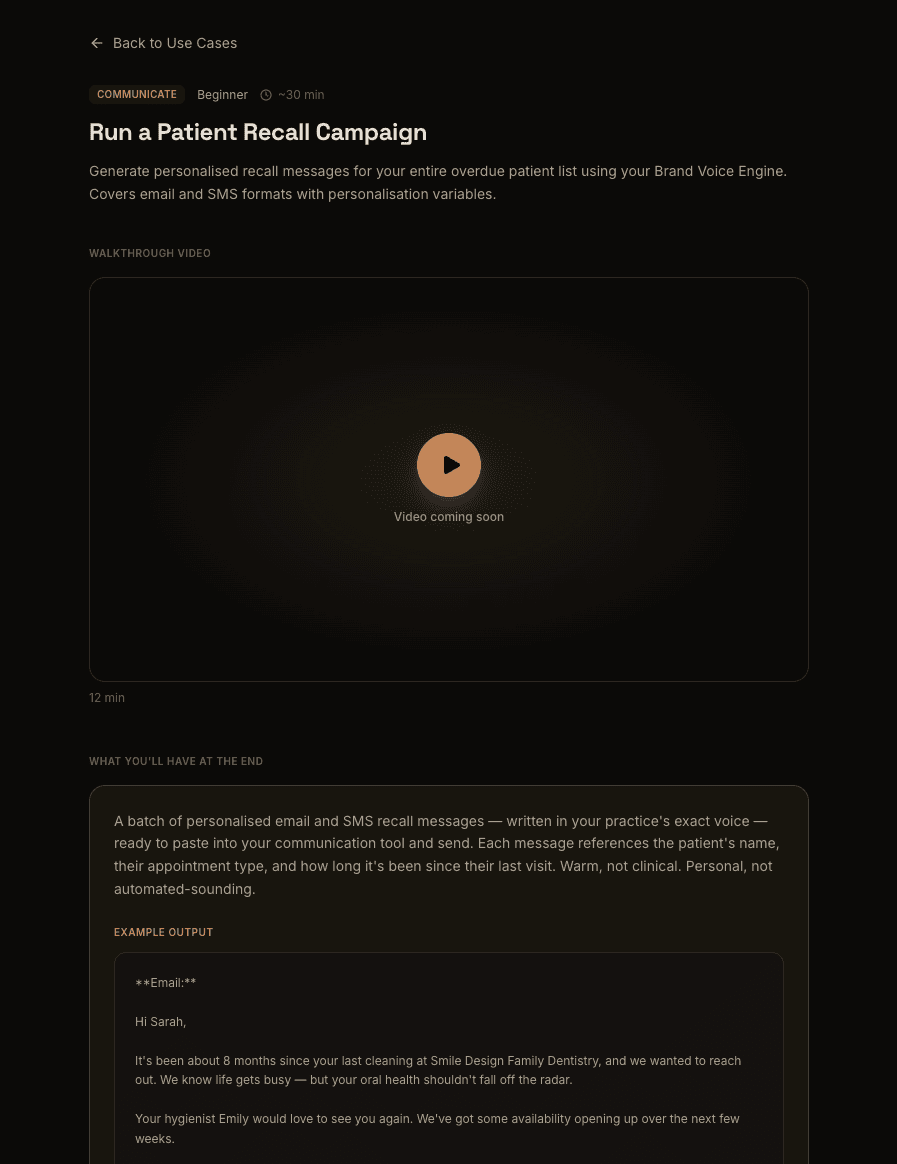Guideable Use Case Detail: outcome, video walkthrough, and example output